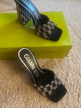Gianni Bini Black and Silver Rhinestone Checkered Block Heel Mules